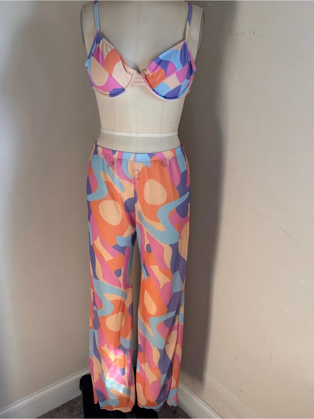 Abstract Print Wide-Leg Pants and bikini top set